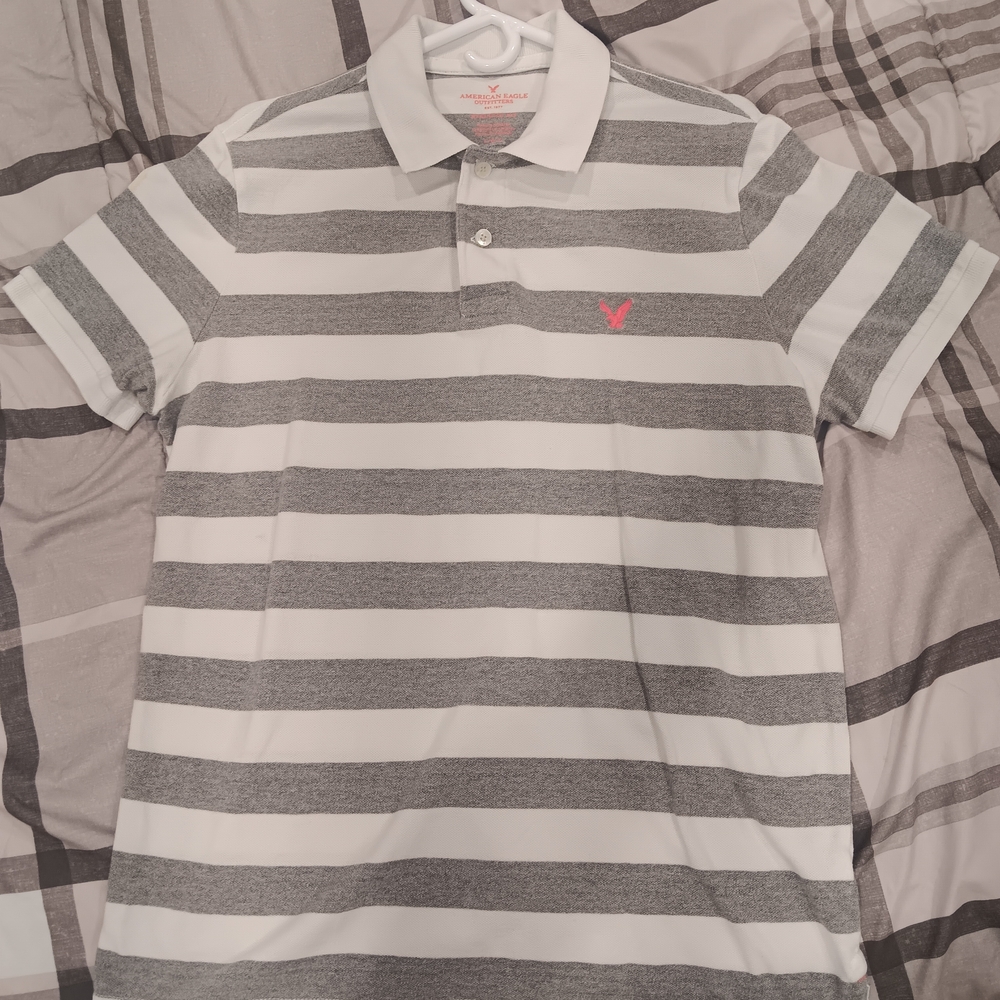 American Eagle Outfitters Men’s Gray & White Striped Polo with Pink Logo